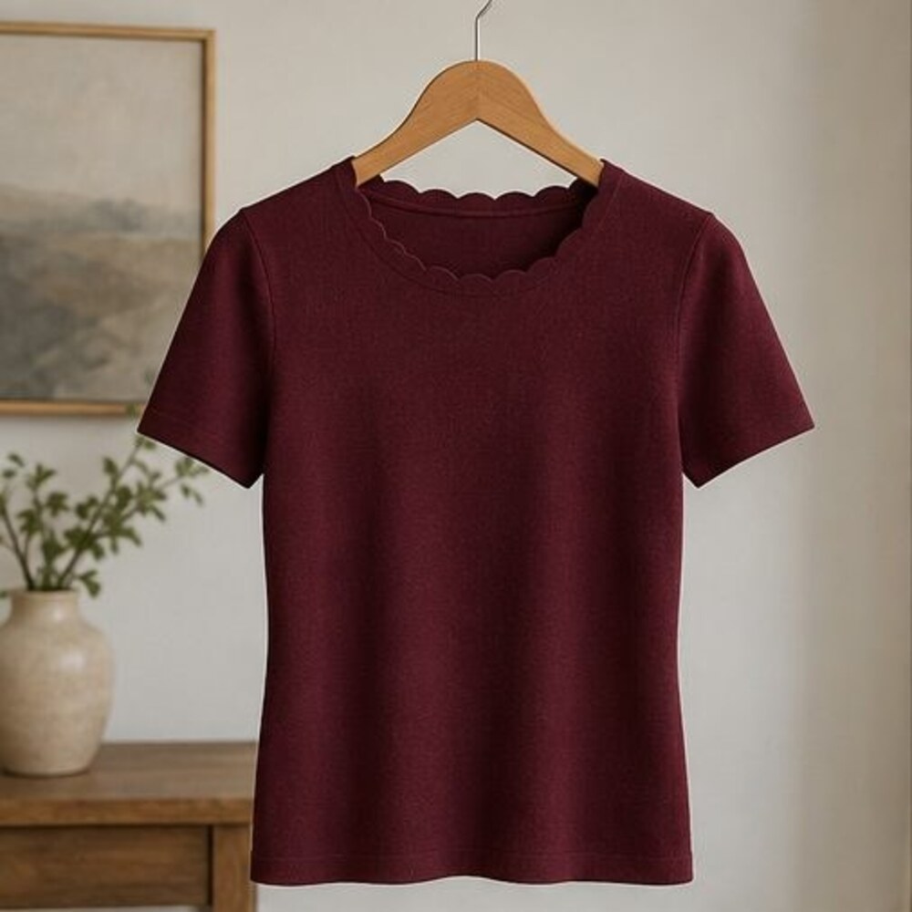 Burgundy Scallop Neck Knit Top